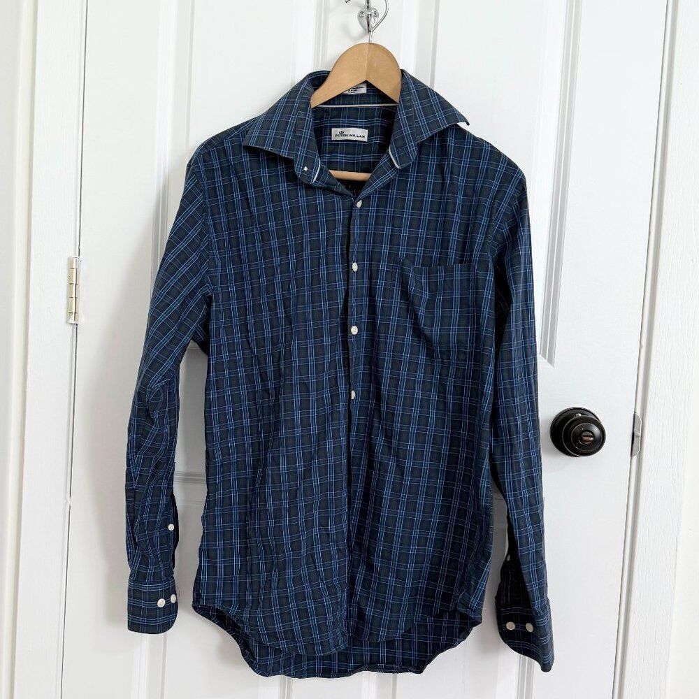 Men Peter Millar Flannelite Cotton-Stretch Plaid Sport Shirt in Dark Blue Medium